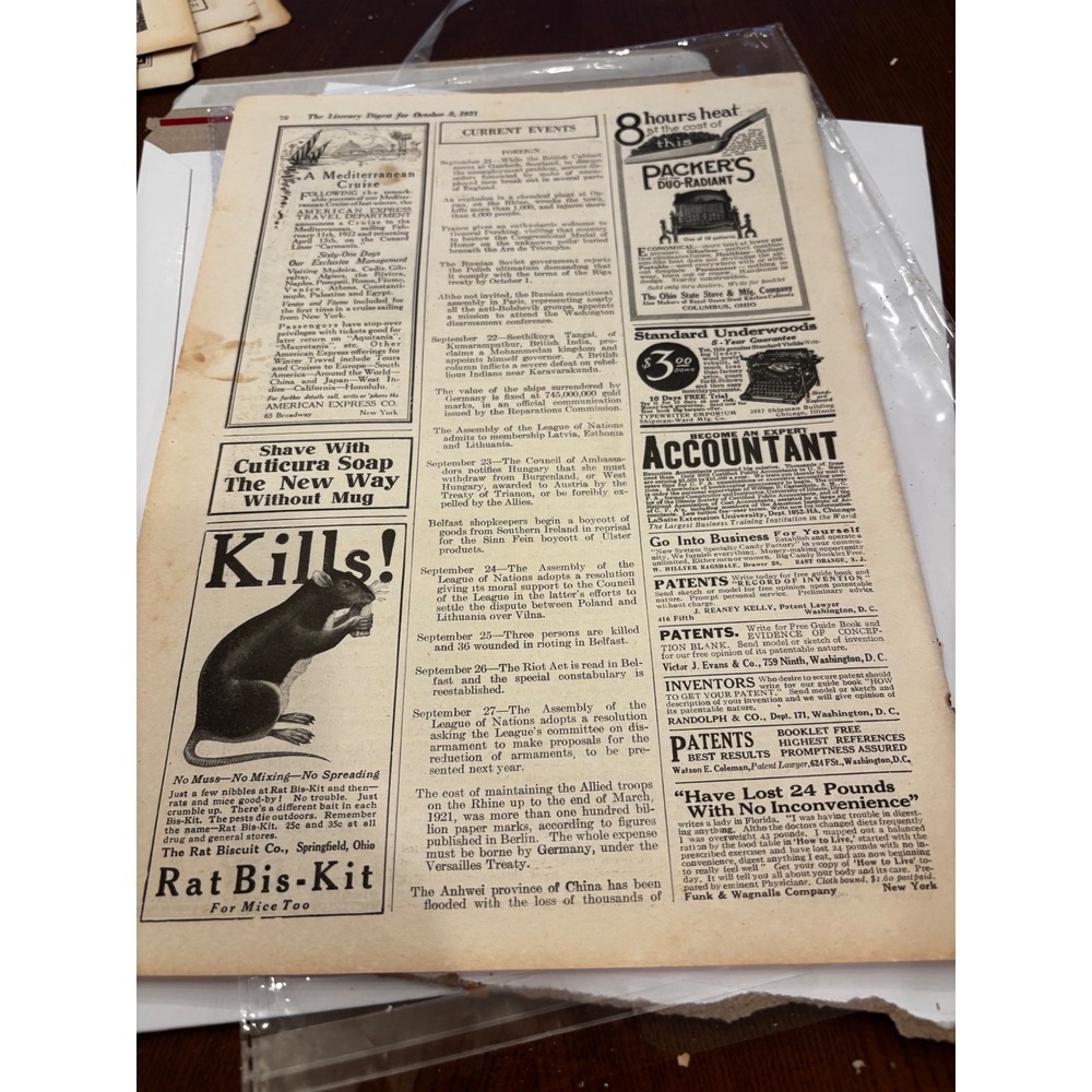 Vintage 1921 Rat Bis-Kit Print Ad American Express Cruise Cuticura Soap Wall Art